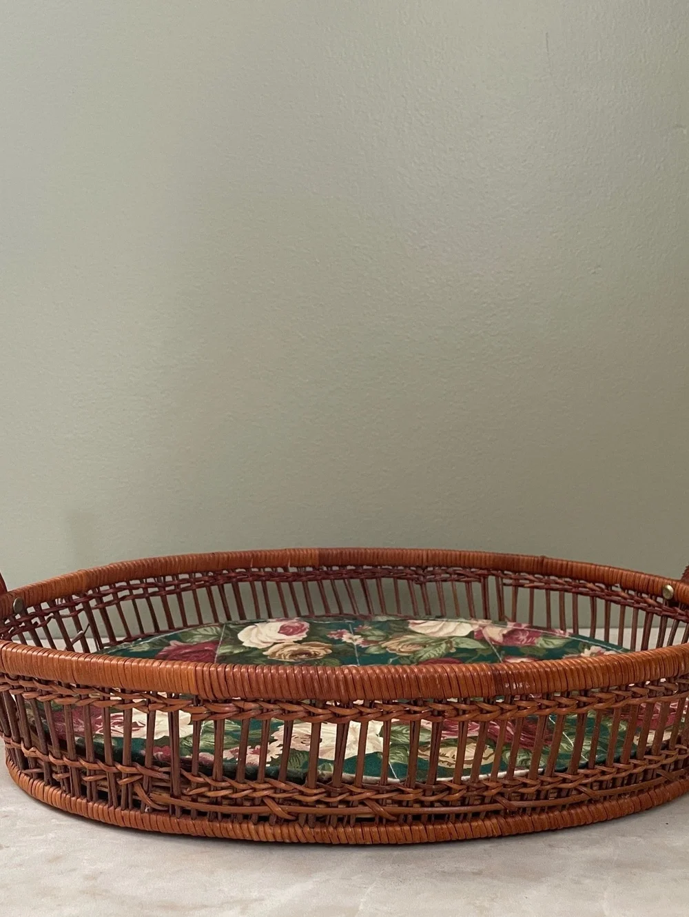 Vintage Wicker Basket with Floral Cushion | Cottagecore